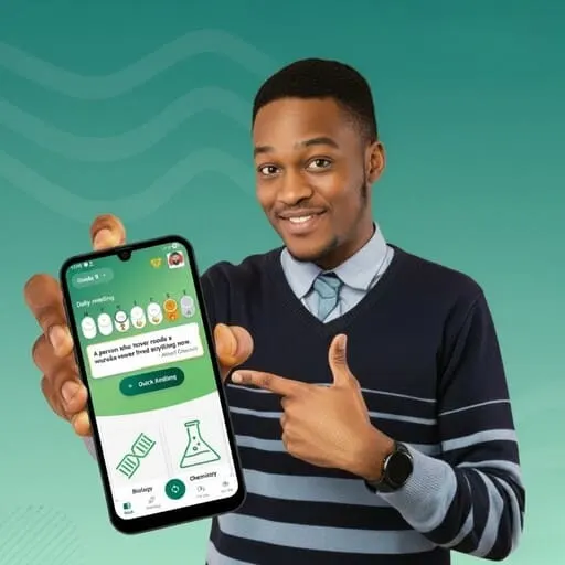 A student smiling and pointing to the Chibo app interface
